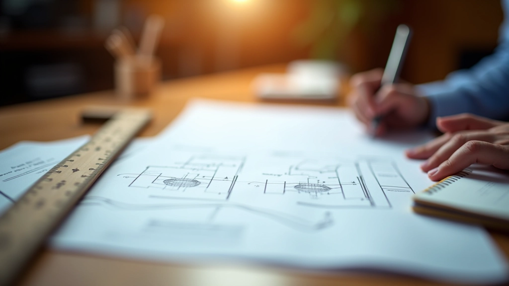 Måltestok og notepad på blueprintpapir, arkitekt eller planlægger arbejdsstation
