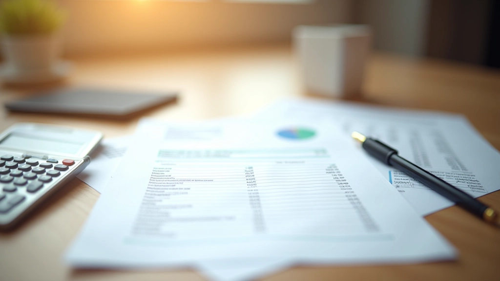 Regneark med budgetdata på papir, kalkulator og pen liggende på siden