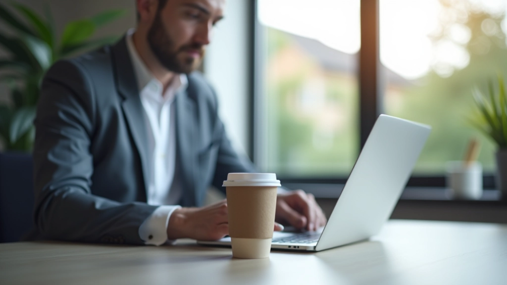 Mand arbejder på laptop ved kaffebord
