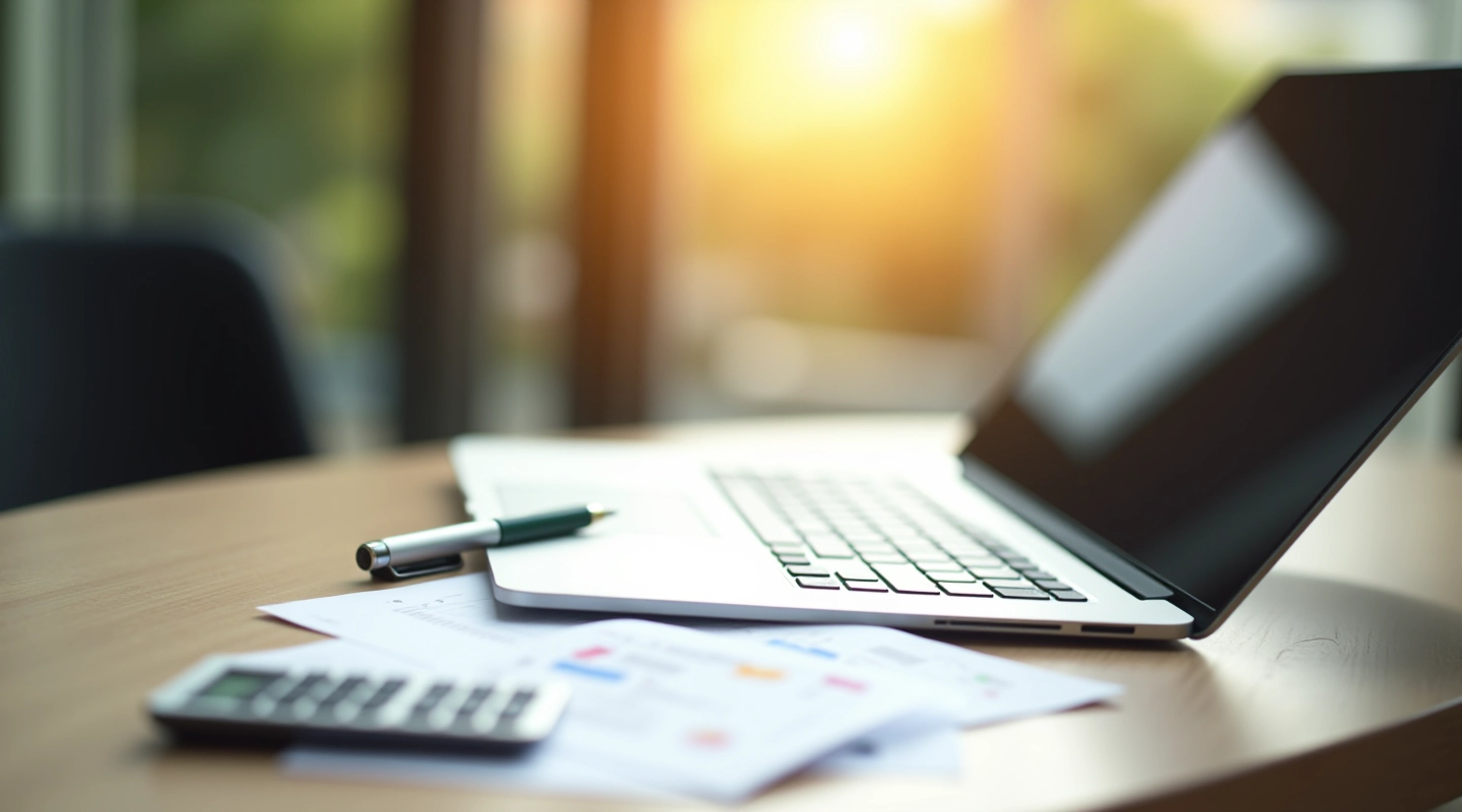 Moderne arbejdsplads med computer og finansielle dokumenter på skrivebord