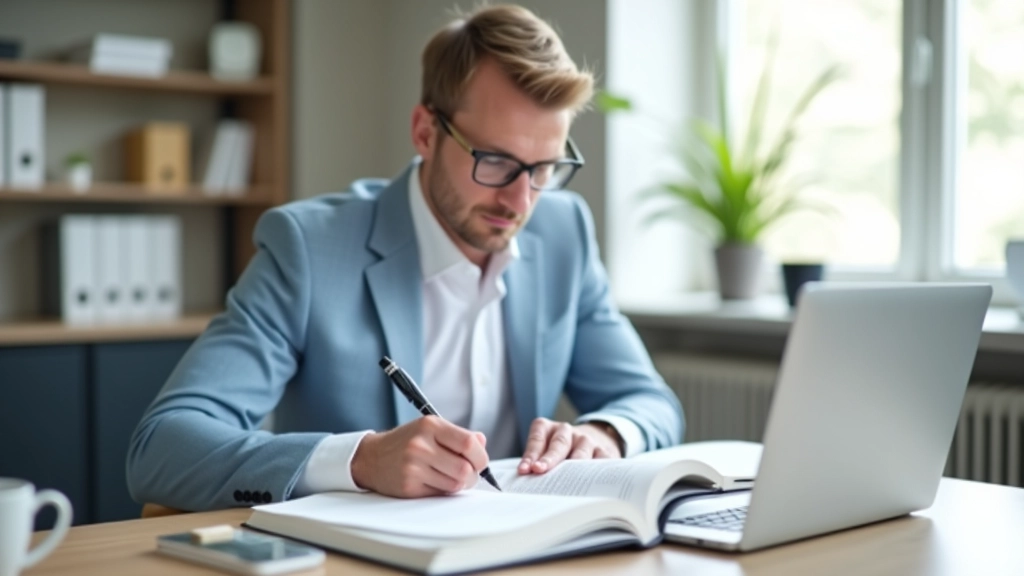 Person som skriver notater ved siden af åben bog og computer