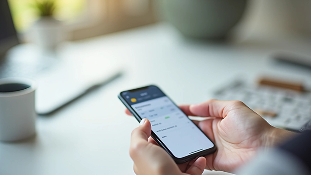 Smartphone på skrivebord med bankapp åben, sort skærm med tal