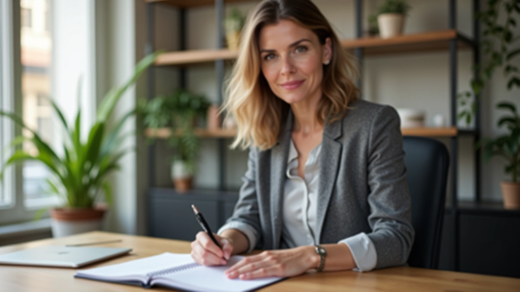 Person skriver notater ved siden af åben bog og computer på arbejdsbord